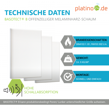 Schallabsorber aus Basotect B ®, 3 Absorberelemente Rechteck mit Fase, 825x550x50mm - Weiß