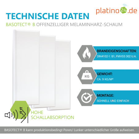 Schallabsorber aus Basotect B ®, 3 Absorberelemente Rechteck mit Fase, 825x275x50mm - Weiß