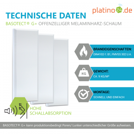 Schallabsorber aus Basotect G+®, 3 Absorberelemente Rechteck, 825x275x50mm