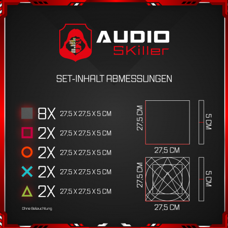 AUDIO SKiller 16 Schallabsorber Set #04 Level UP aus Basotect G+® mit Akustikfilz/Akustikverbesserung für Gamer, Streamer, Youtuber