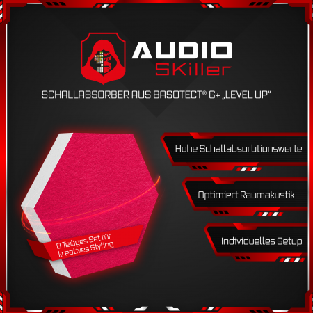 AUDIO SKiller 8 Schallabsorber Set LEVEL UP aus Basotect G+® mit Akustikfilz in Anthrazit+Fuchsia/Akustikverbesserung für Gamer, Streamer, YouTuber