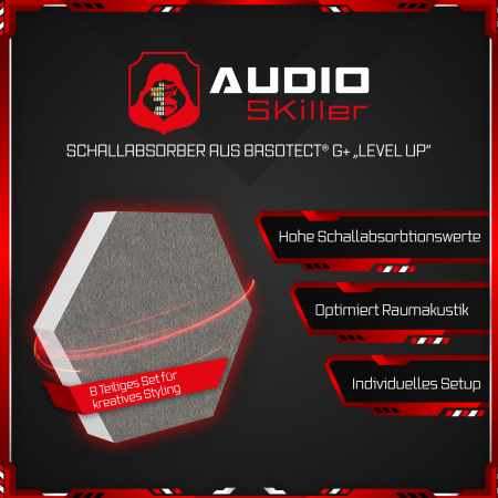 AUDIO SKiller 8 Schallabsorber Set LEVEL UP aus Basotect G+® mit Akustikfilz in Anthrazit+Granitgrau/Akustikverbesserung für Gamer, Streamer, YouTuber