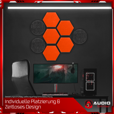 AUDIO SKiller 8 Schallabsorber Set LEVEL UP aus Basotect G+® mit Akustikfilz in Anthrazit+Orange/Akustikverbesserung für Gamer, Streamer, YouTuber