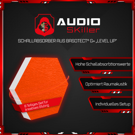 AUDIO SKiller 8 Schallabsorber Set LEVEL UP aus Basotect G+® mit Akustikfilz in Anthrazit+Orange/Akustikverbesserung für Gamer, Streamer, YouTuber