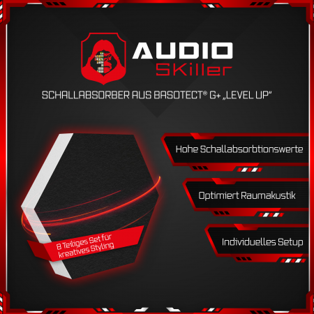 AUDIO SKiller 8 Schallabsorber Set LEVEL UP aus Basotect G+® mit Akustikfilz in Anthrazit+Schwarz/Akustikverbesserung für Gamer, Streamer, YouTuber