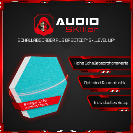 AUDIO SKiller 8 Schallabsorber Set LEVEL UP aus Basotect G+® mit Akustikfilz in Anthrazit+Türkis/Akustikverbesserung für Gamer, Streamer, YouTuber