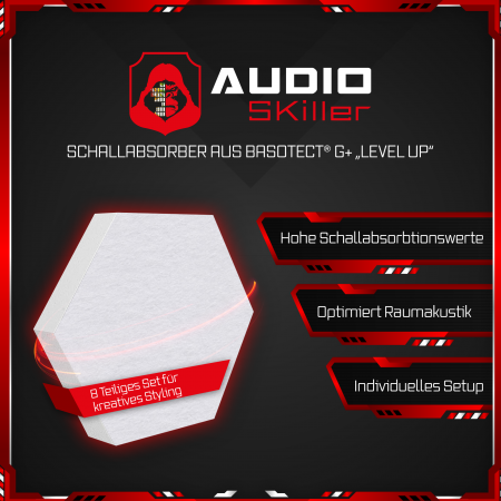 AUDIO SKiller 8 Schallabsorber Set LEVEL UP aus Basotect G+® mit Akustikfilz in Anthrazit+Weiß/Akustikverbesserung für Gamer, Streamer, YouTuber