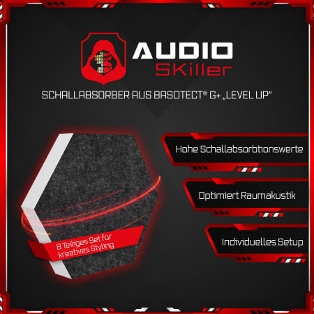 AUDIO SKiller 8 Schallabsorber Set LEVEL UP aus Basotect G+® mit Akustikfilz in Schwarz+Anthrazit/Akustikverbesserung für Gamer, Streamer, YouTuber