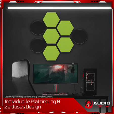 AUDIO SKiller 8 Schallabsorber Set LEVEL UP aus Basotect G+® mit Akustikfilz in Schwarz+Hellgrün/Akustikverbesserung für Gamer, Streamer, YouTuber