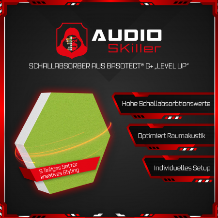 AUDIO SKiller 8 Schallabsorber Set LEVEL UP aus Basotect G+® mit Akustikfilz in Schwarz+Hellgrün/Akustikverbesserung für Gamer, Streamer, YouTuber
