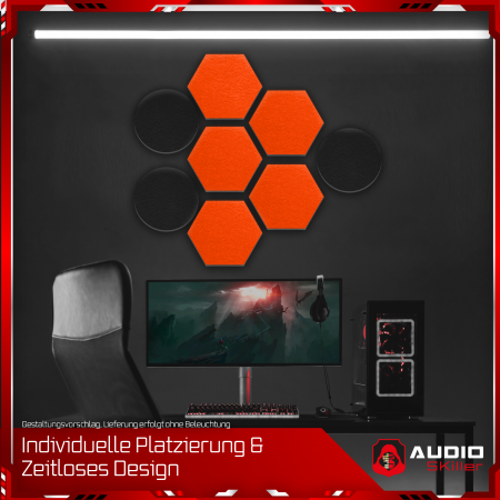 AUDIO SKiller 8 Schallabsorber Set LEVEL UP aus Basotect G+® mit Akustikfilz in Schwarz+Orange/Akustikverbesserung für Gamer, Streamer, YouTuber