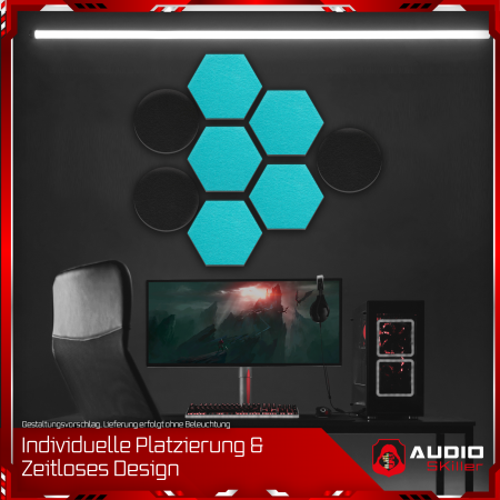 AUDIO SKiller 8 Schallabsorber Set LEVEL UP aus Basotect G+® mit Akustikfilz in Schwarz+Türkis/Akustikverbesserung für Gamer, Streamer, YouTuber