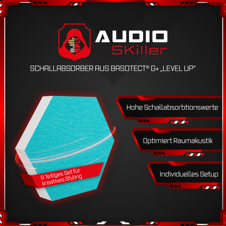 AUDIO SKiller 8 Schallabsorber Set LEVEL UP aus Basotect G+® mit Akustikfilz in Schwarz+Türkis/Akustikverbesserung für Gamer, Streamer, YouTuber
