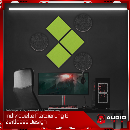 AUDIO SKiller 6 Schallabsorber Set Level UP aus Basotect G+® mit Akustikfilz in Anthrazit & Hellgrün/Akustikverbesserung für Gamer, Streamer, Youtuber