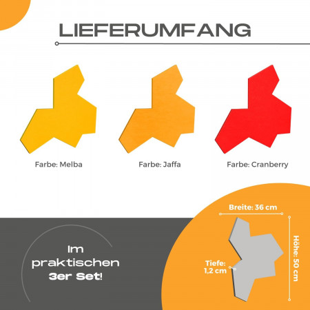 „EinStein“ Puzzle für optimale Raumakustik 3 Schallabsorber Farbe: Melba + Jaffa + Cranberry