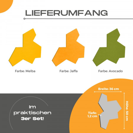 „EinStein“ Puzzle für optimale Raumakustik 3 Schallabsorber Farbe: Melba + Jaffa + Avocado