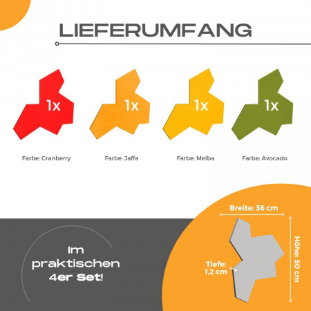 „EinStein“ Puzzle für optimale Raumakustik 4 Schallabsorber Farbe: Melba + Cranberry + Avocado + Jaffa