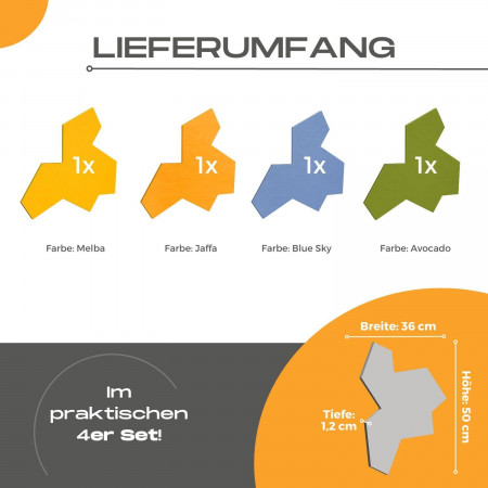 „EinStein“ Puzzle für optimale Raumakustik 4 Schallabsorber Farbe: Melba + Jaffa + Blue Sky + Avocado