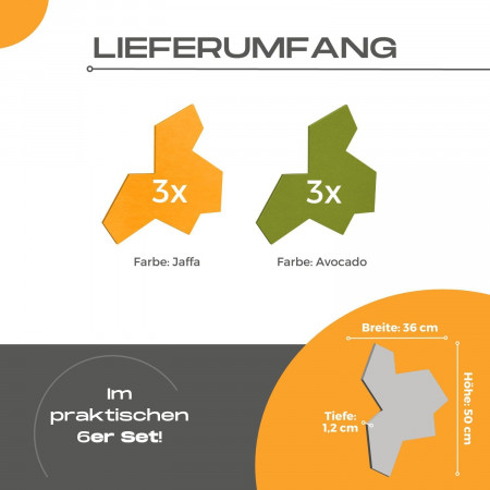 „EinStein“ Puzzle für optimale Raumakustik 6 Schallabsorber Farbe: Avocado + Jaffa