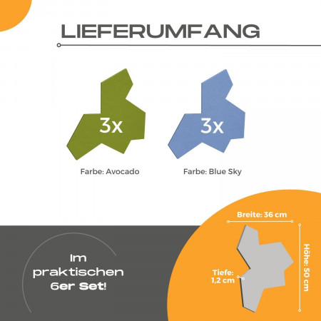 „EinStein“ Puzzle für optimale Raumakustik 6 Schallabsorber Farbe: Blue Sky + Avocado