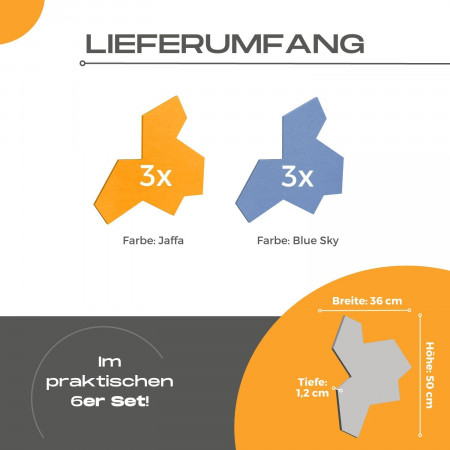 „EinStein“ Puzzle für optimale Raumakustik 6 Schallabsorber Farbe: Blue Sky + Jaffa