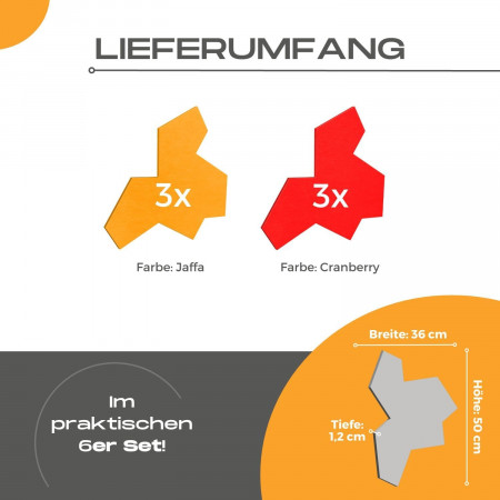 „EinStein“ Puzzle für optimale Raumakustik 6 Schallabsorber Farbe: Cranberry + Jaffa