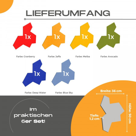 „EinStein“ Puzzle für optimale Raumakustik 6 Schallabsorber Farbe: Blue Sky + Avocado + Melba + Cranberry + Jaffa + Deep Water