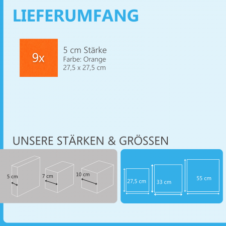 Wandbild Quadrate 9-tlg. Schalldämmung, ORANGE- Schallabsorber - Elemente aus Basotect ® G+