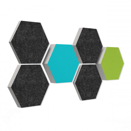 6 honeycomb absorbers made of Basotect ® G+ / Colore ANTHRACITE + TURQUOISE + LIGHT GREEN/ 2 each 300 x 300 x 30/50/70mm