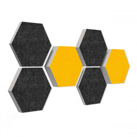 6 honeycomb absorbers made of Basotect ® G+ / Colore SUNNY YELLOW + ANTHRACITE/ 2 each 300 x 300 x 30/50/70mm