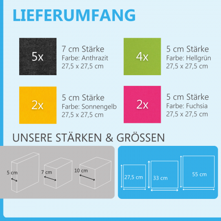 Wandbild Quadrate 13-tlg. Schalldämmung aus Basotect ® G+ / Schallabsorber - Elemente - Set 06