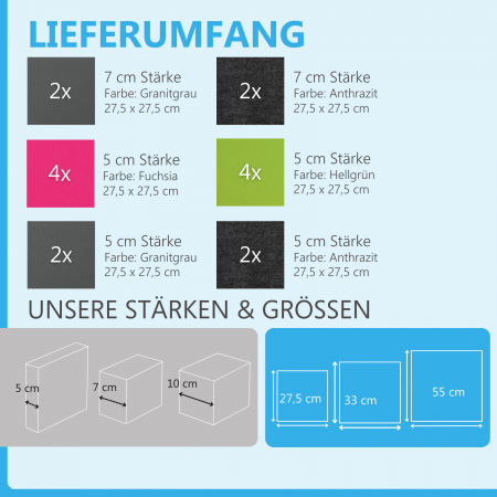 Wandbild Quadrate 16-tlg. Schalldämmung aus Basotect ® G+ / Schallabsorber - Elemente - Set 02