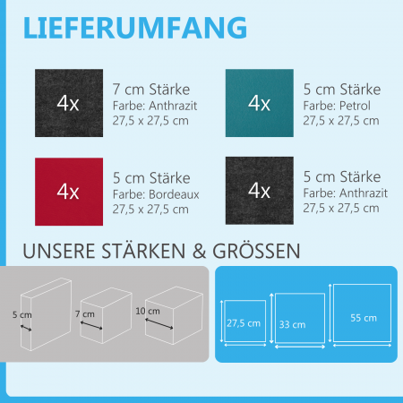 Wandbild Quadrate 16-tlg. Schalldämmung aus Basotect ® G+ / Schallabsorber - Elemente - Set 03