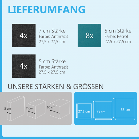 Wandbild Quadrate 16-tlg. Schalldämmung aus Basotect ® G+ / Schallabsorber - Elemente - Set 08