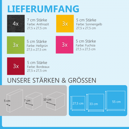 Wandbild Quadrate 16-tlg. Schalldämmung aus Basotect ® G+ / Schallabsorber - Elemente - Set 09