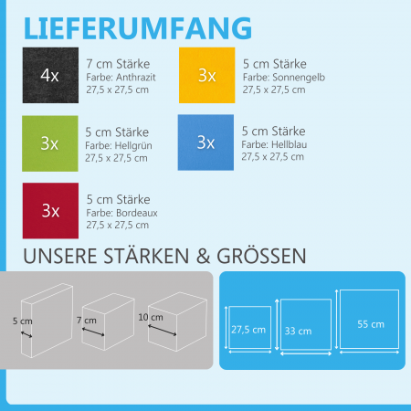 Wandbild Quadrate 16-tlg. Schalldämmung aus Basotect ® G+ / Schallabsorber - Elemente - Set 10