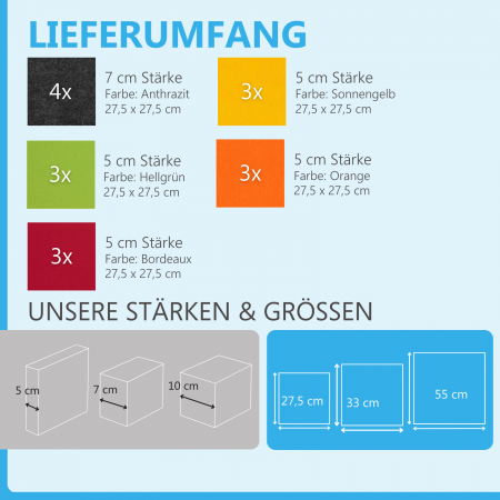 Wandbild Quadrate 16-tlg. Schalldämmung aus Basotect ® G+ / Schallabsorber - Elemente - Set 11