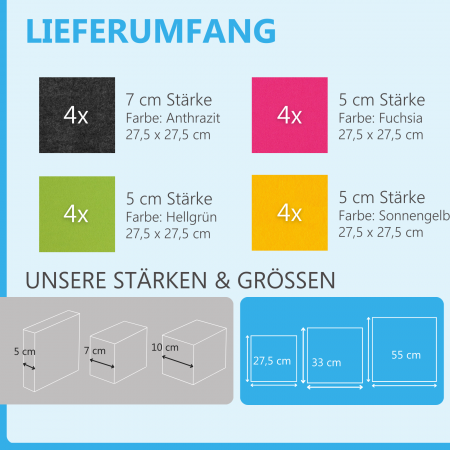 Wandbild Quadrate 16-tlg. Schalldämmung aus Basotect ® G+ / Schallabsorber - Elemente - Set 12