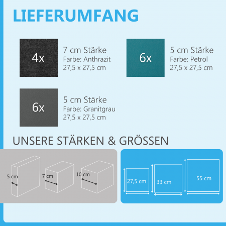 Wandbild Quadrate 16-tlg. Schalldämmung aus Basotect ® G+ / Schallabsorber - Elemente - Set 14