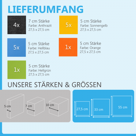 Wandbild Quadrate 16-tlg. Schalldämmung aus Basotect ® G+ / Schallabsorber - Elemente - Set 18