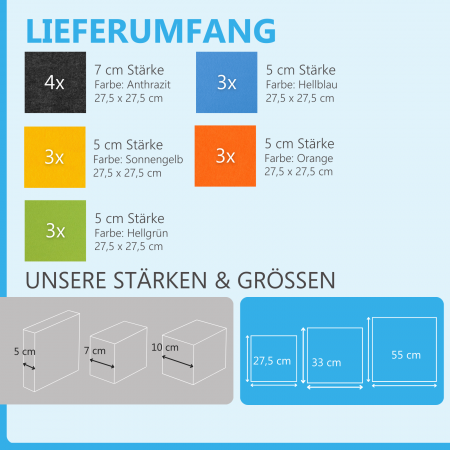 Wandbild Quadrate 16-tlg. Schalldämmung aus Basotect ® G+ / Schallabsorber - Elemente - Set 19