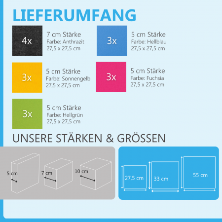 Wandbild Quadrate 16-tlg. Schalldämmung aus Basotect ® G+ / Schallabsorber - Elemente - Set 20