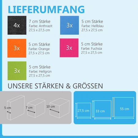 Wandbild Quadrate 16-tlg. Schalldämmung aus Basotect ® G+ / Schallabsorber - Elemente - Set 21