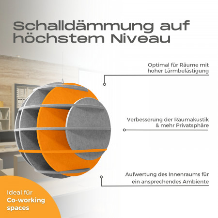„SATELLITE“ 3D-Akustik-Objekt Kugel SILVER GREY für optimale Raumakustik, INNOVATIVES DESIGN / DM: 58 cm