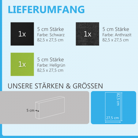 Schallabsorber-Set Colore aus Basotect G+ < 3 Elemente > Schwarz + Anthrazit + Hellgrün