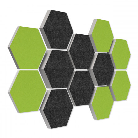 12 honeycomb absorbers made of Basotect ® G+ / Colore BigPack / 4 each 300 x 300 x 30/50/70mm Anthracite + Light Green