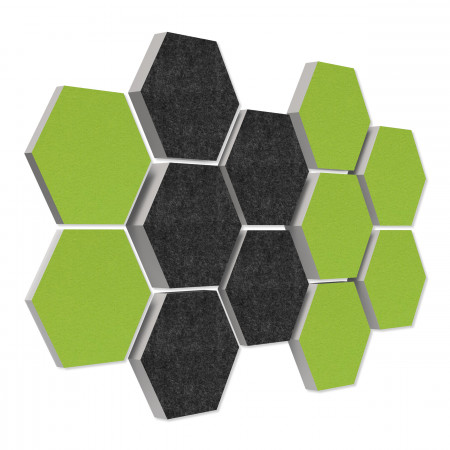 12 honeycomb absorbers made of Basotect ® G+ / Colore BigPack / 4 each 300 x 300 x 30/50/70mm Anthracite + Light Green
