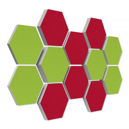 12 honeycomb absorbers made of Basotect ® G+ / Colore BigPack / 4 each 300 x 300 x 30/50/70mm light green + bordeaux