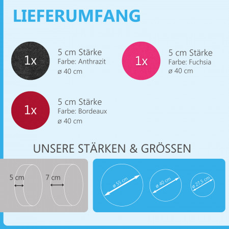 3 Akustik Schallabsorber aus Basotect ® G+ / Kreis Anthrazit + Bordeaux + Fuchsia