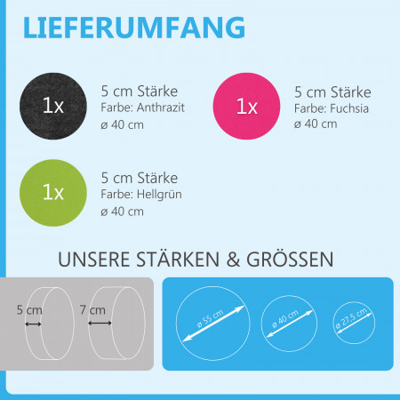 3 Akustik Schallabsorber aus Basotect ® G+ / Kreis Anthrazit + Hellgrün + Fuchsia